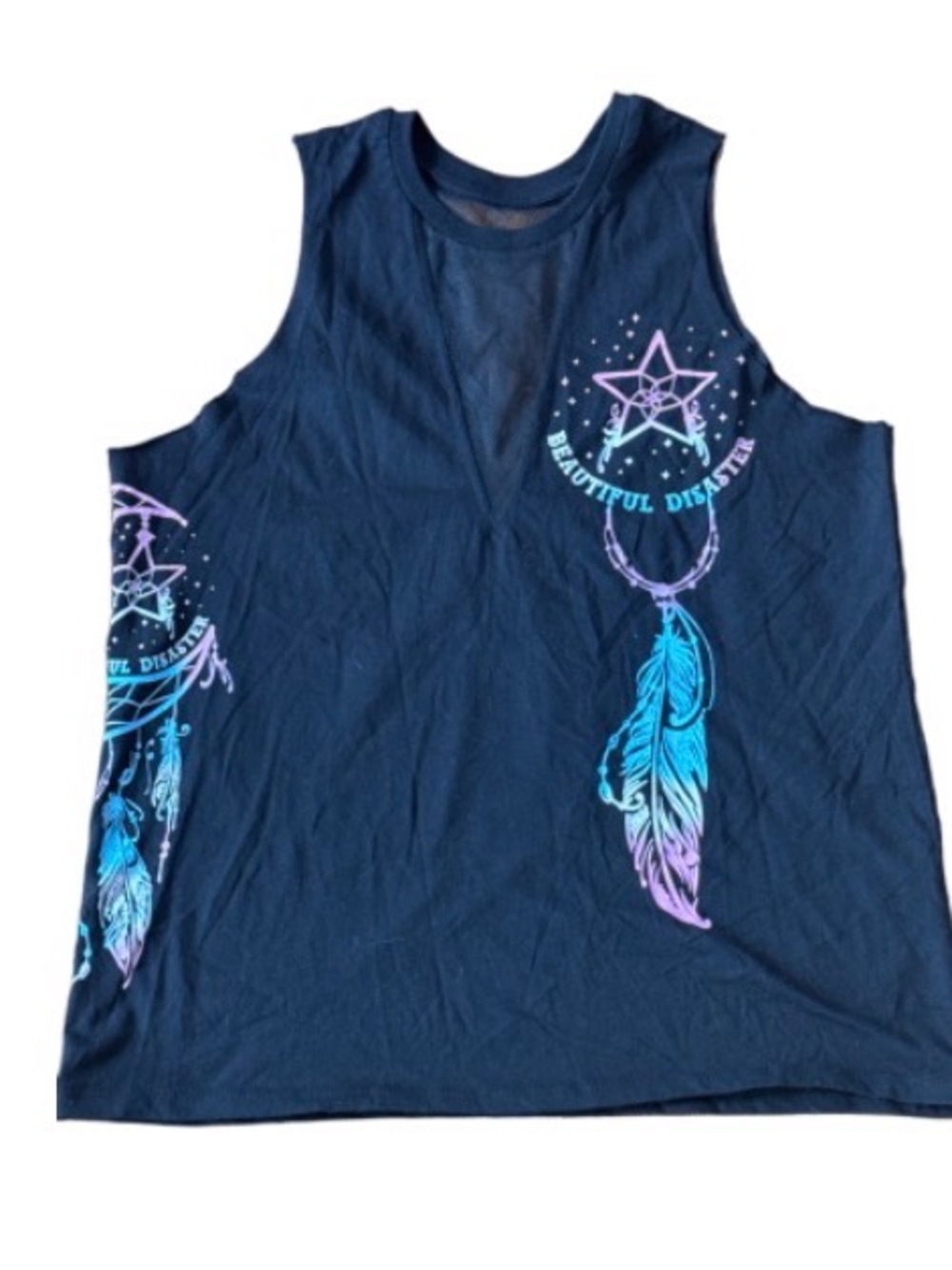 Dreamcatcher deep V mesh Graphic Tank Top with Pastel Feather Accents